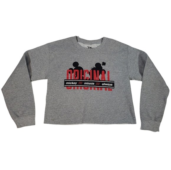 Disney Mickey Minnie Mouse Gray Fleece Cropped Sweatshirt Sz S Crewneck Sweater - Picture 3 of 8